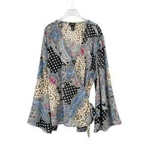 Lane Bryant Mixed Print Sheer Chiffon Long Split Bell Kimono Sleeve Wrap Blouse